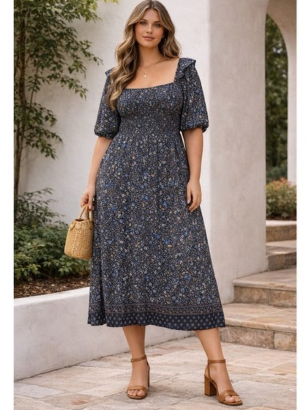 Vineyard Vines Floral Silk Blend Smocked Puff Sleeve Midi Dress Blue Women Sz M